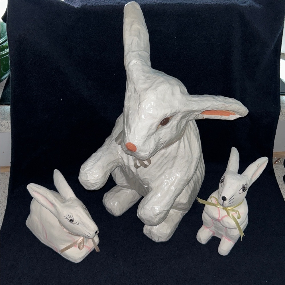 Easter Bunnies, Large Paper Mache. Vintage Mom and Two Babies at least 40 years.